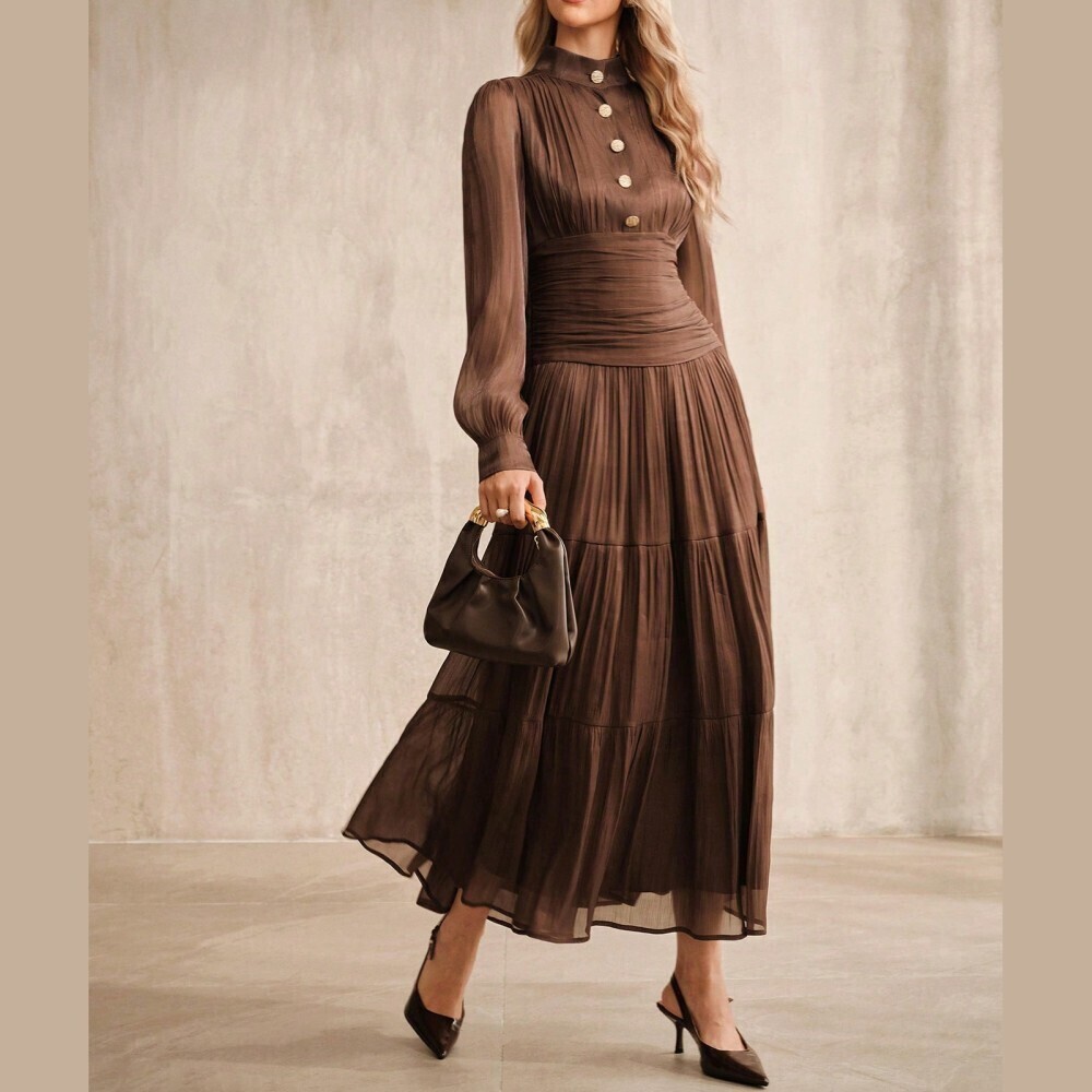 Brown Sheer Organza Button Front Stand Collar Tiered Maxi Dress